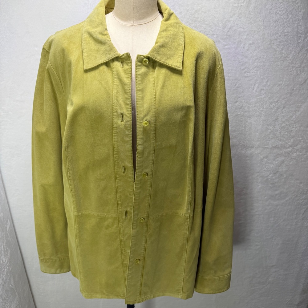 Bernardo Womens 2X Green Suede Jacket Genuine Leather Button Front Chartreuse
